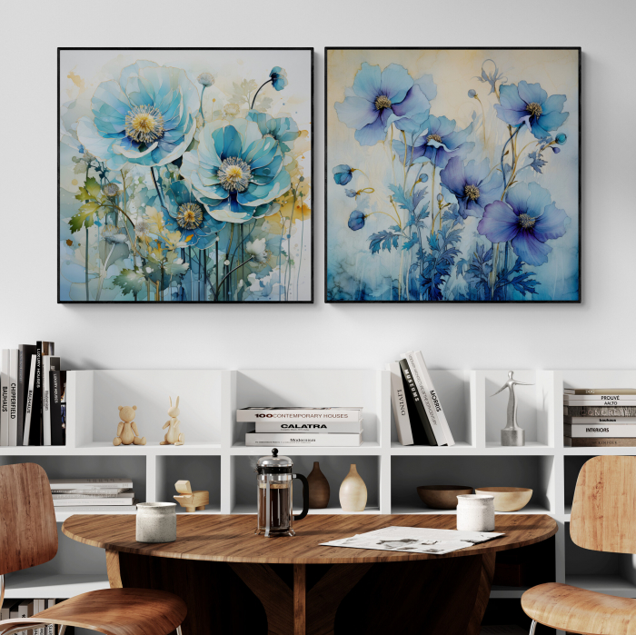 Tablou canvas, modern, cu flori de camp, nuante de albastru, pentru living, hotel [1]