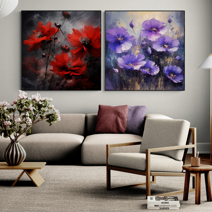 Tablou canvas, modern, cu flori de de camp, nuante de rosu, mov, pentru living, hotel [1]