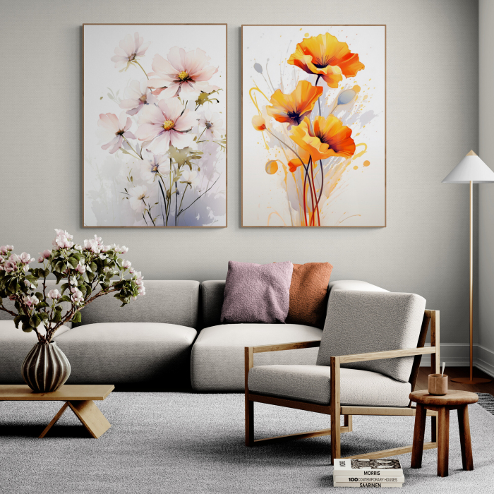 Tablou canvas, modern, cu flori de mac portocaliu, pe fundal gri, pentru living [1]