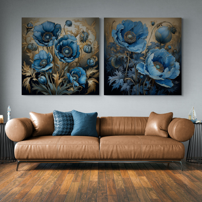 Tablou canvas, modern, cu flori de Maci in nuante de albastru, pentru living [1]