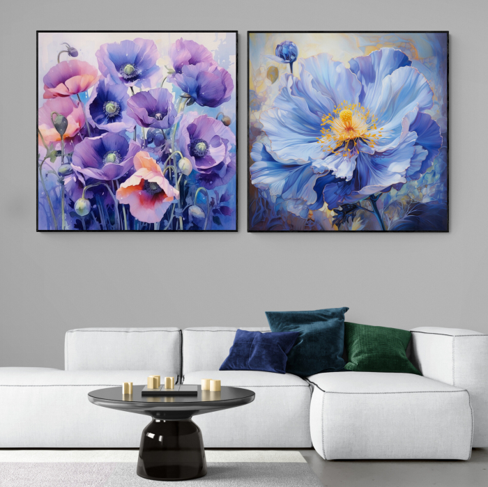 Tablou canvas, modern, cu flori de Maci, nuante de albastru, mov, pentru living, hotel [1]