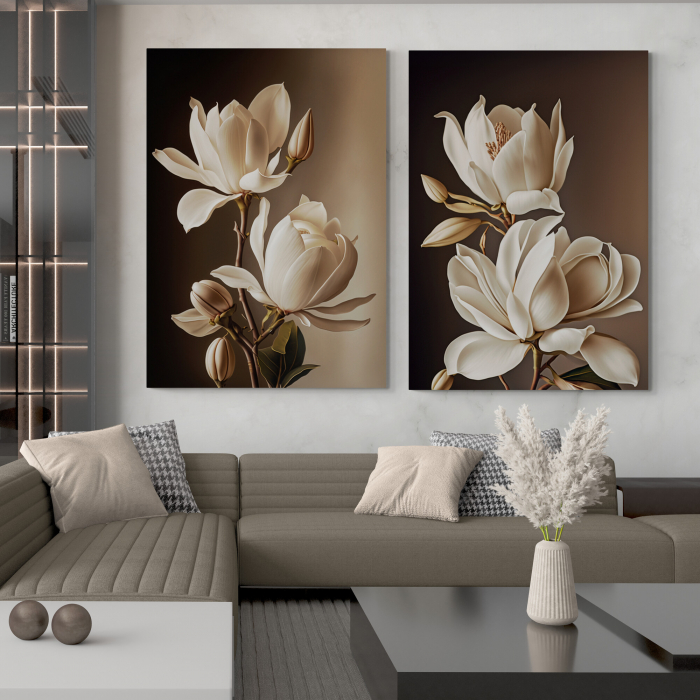 Tablou canvas, modern, cu flori de Magnolie in nuante crem, bej, pentru hotel, birou [1]