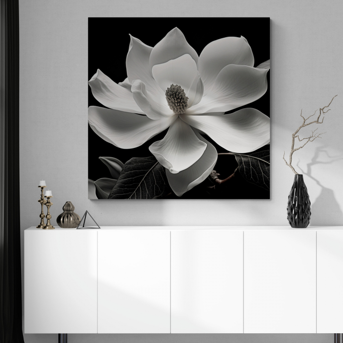 Tablou canvas, modern, cu Flori de Magnolie in nuante de alb negru, pentru dormitor [1]