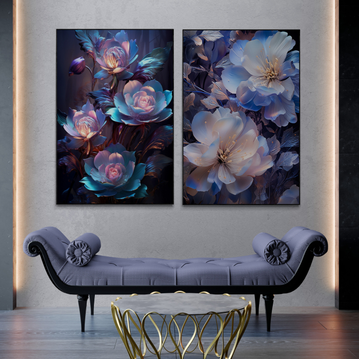 Tablou canvas, modern, cu flori, efect 3D, nuante de mov, albastru, pentru, living [2]