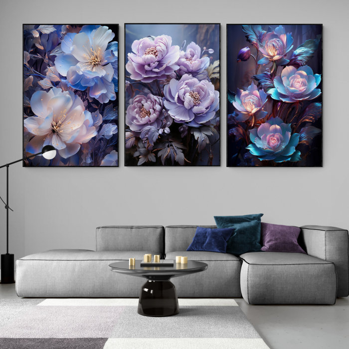 Tablou canvas, modern, cu flori, efect 3D, nuante de mov, albastru, pentru, living [1]