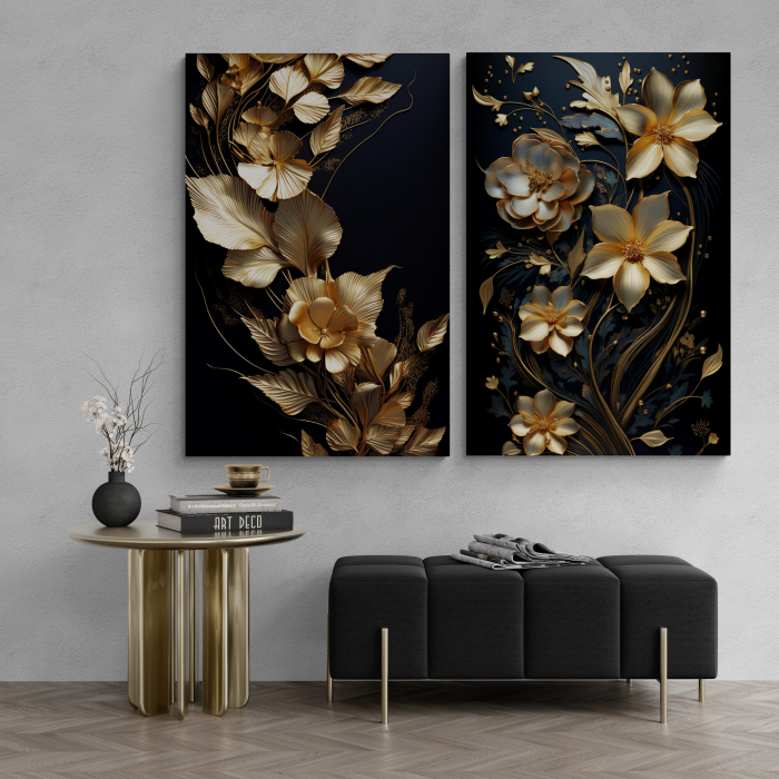 Tablou canvas, modern, cu flori, efect 3D, nuante negru, auriu, pentru living [2]