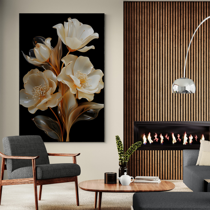 Tablou canvas, modern, cu flori, efect 3D, nuante negru, crem, pentru living [1]