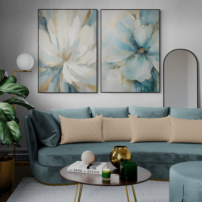 Tablou canvas, modern, cu flori, in stil abstract, nuante de albastru, auriu, pentru living [1]