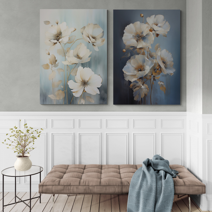Tablou canvas, modern, cu flori, in stil abstract, nuante de crem, albastru, pentru birou [1]
