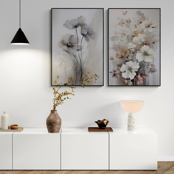 Tablou canvas, modern, cu flori, in stil abstract, nuante de crem, gri, pentru birou [1]