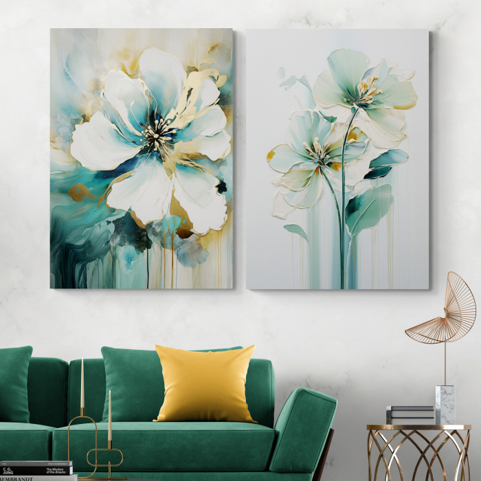 Tablou canvas, modern, cu flori, in stil abstract, nuante de turcuaz, auriu, pentru living [1]