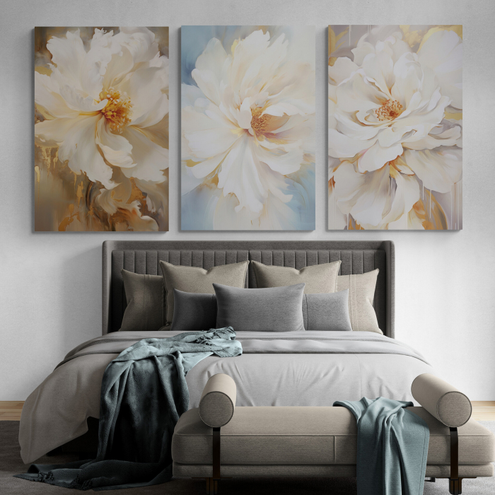 Tablou canvas, modern, cu flori, in stil pictat, nuante de alb, crem, auriu, pentru dormitor [1]