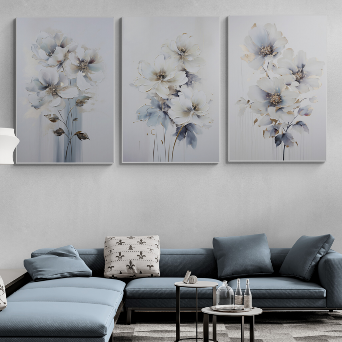 Tablou canvas, modern, cu flori, in stil pictat, nuante de gri, auriu, pentru hotel [1]