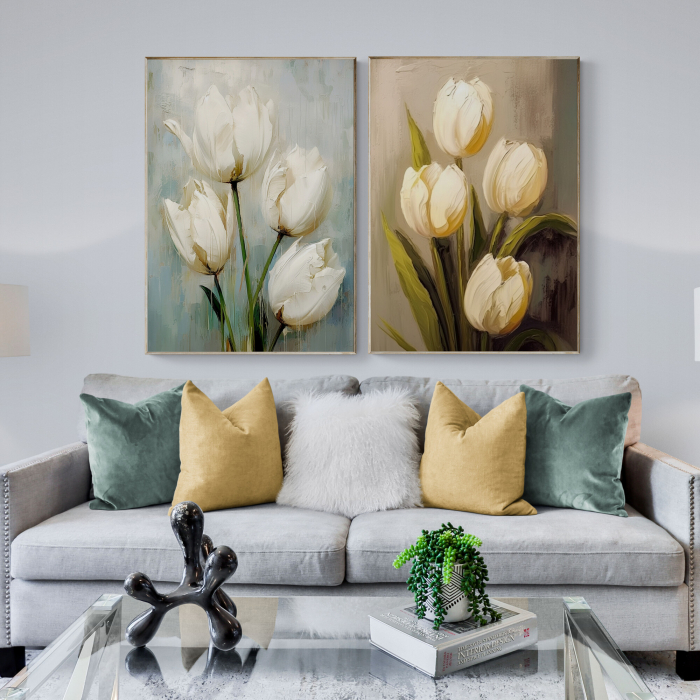 Tablou canvas, modern, cu flori, Lalele albe in stil abstract, pe fundal gri, pentru living [2]
