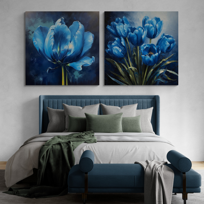 Tablou canvas, modern, cu flori, Lalele albastre pictate in stil abstract, pentru living [2]