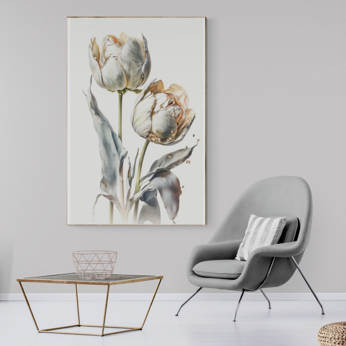 Tablou canvas, modern, cu flori, Lalele, efect 3D, nuante de crem, pentru birou, hotel [1]