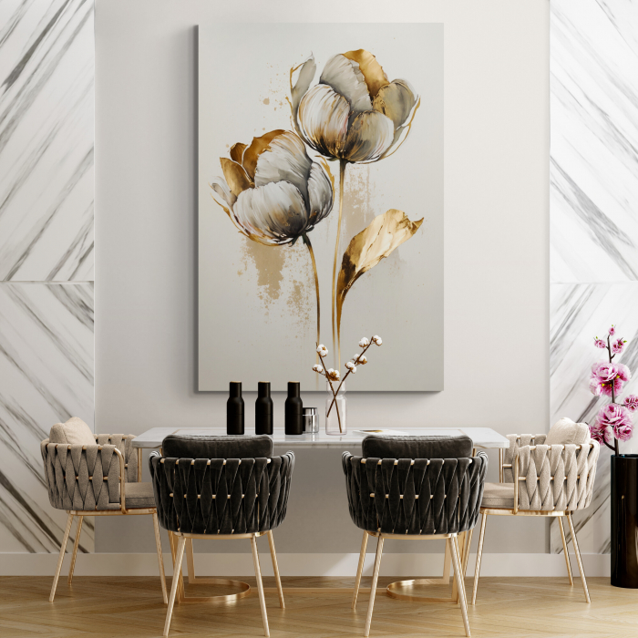 Tablou canvas, modern, cu flori, Lalele, in stil abstract, nuante de auriu pentru hotel, restaurant [1]