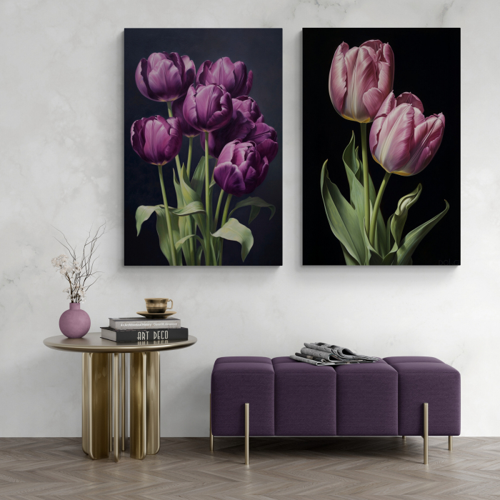 Tablou canvas, modern, cu flori, Lalele mov pe fundal negru, pentru hotel [1]