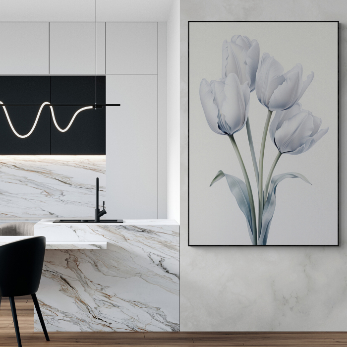 Tablou canvas, modern, cu flori, Lalele pe fundal alb, pentru bucatarie [1]