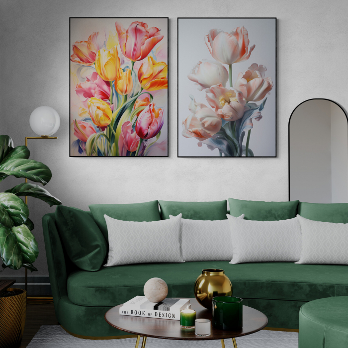Tablou canvas, modern, cu flori, Lalele pe fundal gri, pentru living [1]