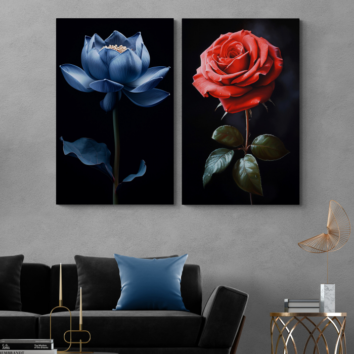 Tablou canvas, modern, cu flori, Lotus albastru, Trandafir rosu pentru hotel, birou [1]