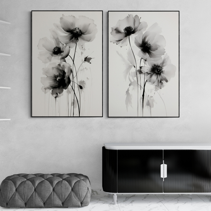 Tablou canvas, modern, cu flori,  Maci in nuante de alb negru, pentru hotel [1]