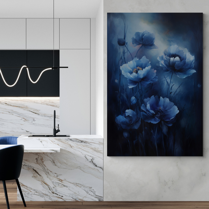 Tablou canvas, modern, cu flori, Maci in nuante de albastru, pentru restaurant [1]