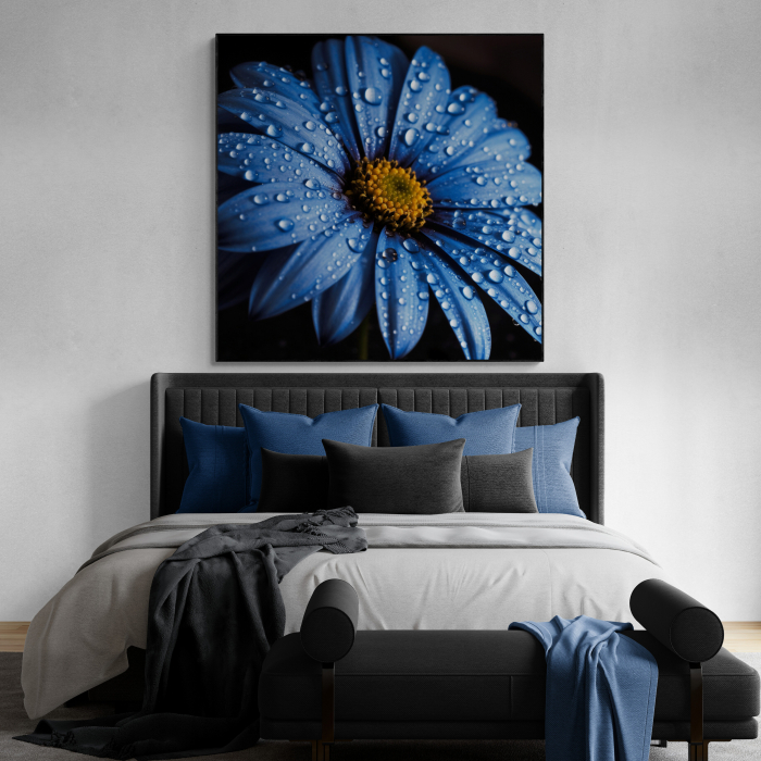 Tablou canvas, modern, cu flori, margareta albastra pe fundal negru, pentru dormitor [1]