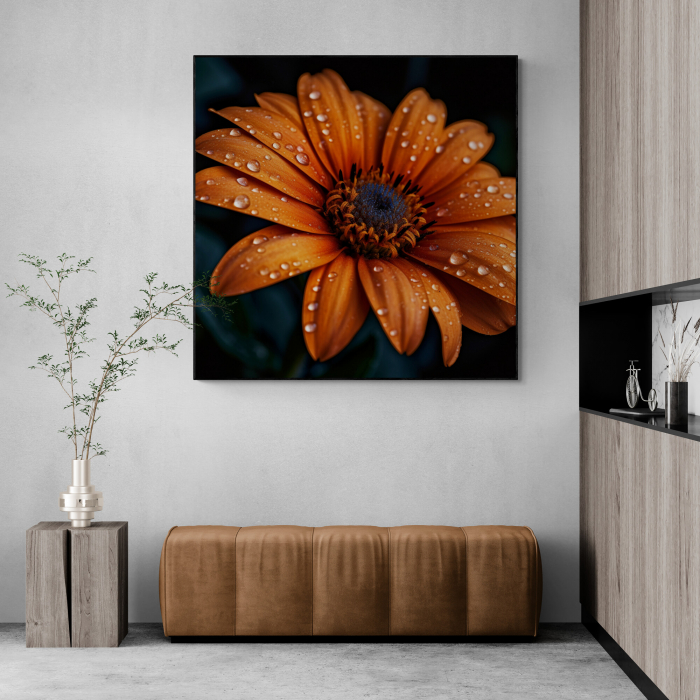 Tablou canvas, modern, cu flori, margareta portocalie pe fundal negru, pentru birou, hol [1]