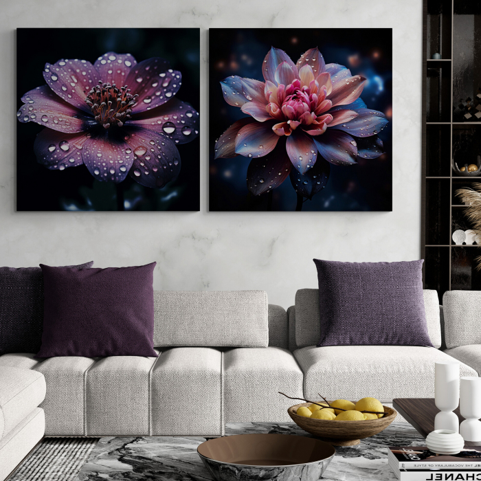 Tablou canvas, modern, cu Flori mov, pe fundal negru, pentru living [1]