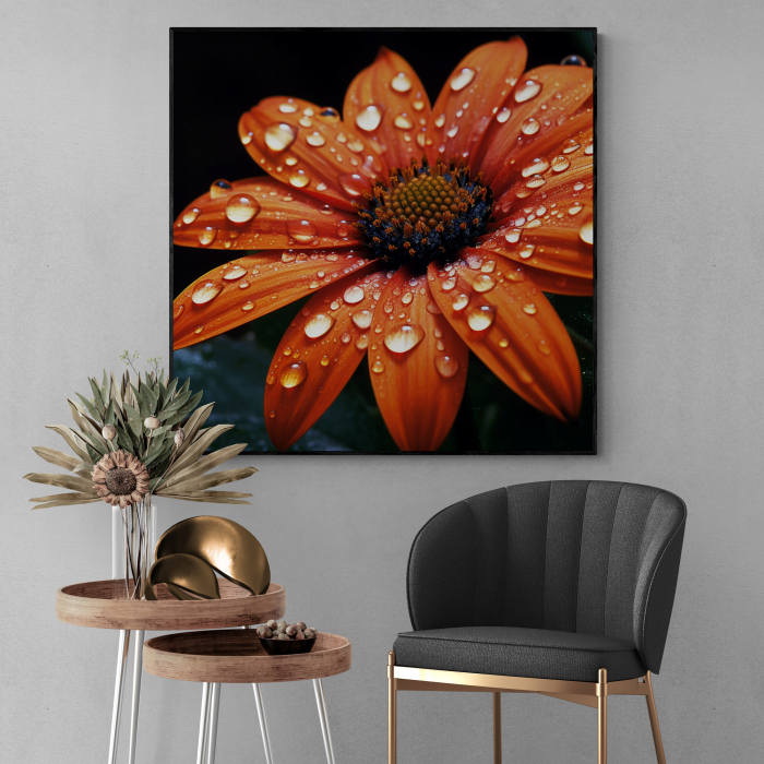 Tablou canvas, modern, cu floare portocalie pe fundal negru, pentru living [1]