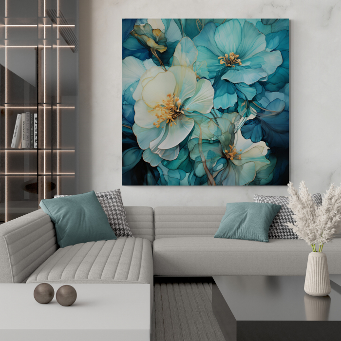 Tablou canvas, modern, cu flori, nuante de albastru, pentru hotel [1]