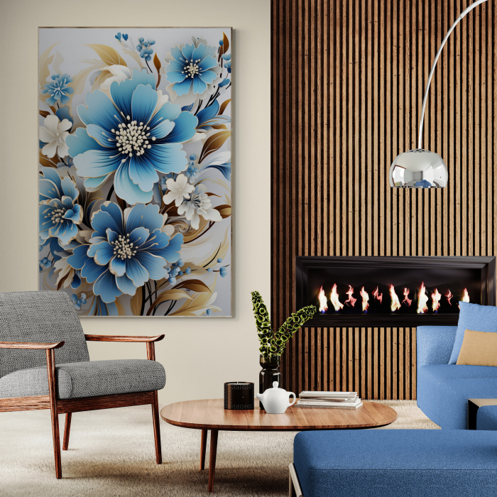 Tablou canvas, modern, cu flori, nuante de auriu, albastru, pentru hol [2]