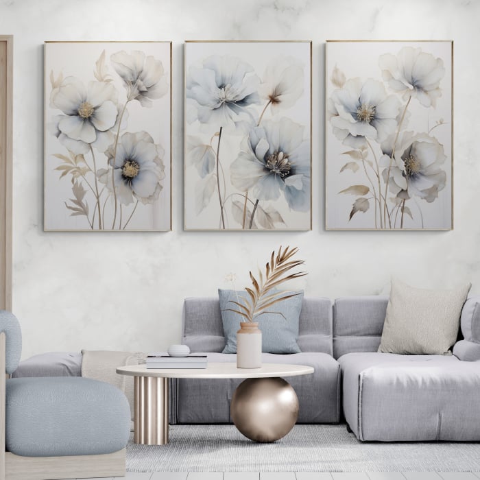 Tablou canvas, modern, cu flori, nuante de crem, albastru, pentru living [1]