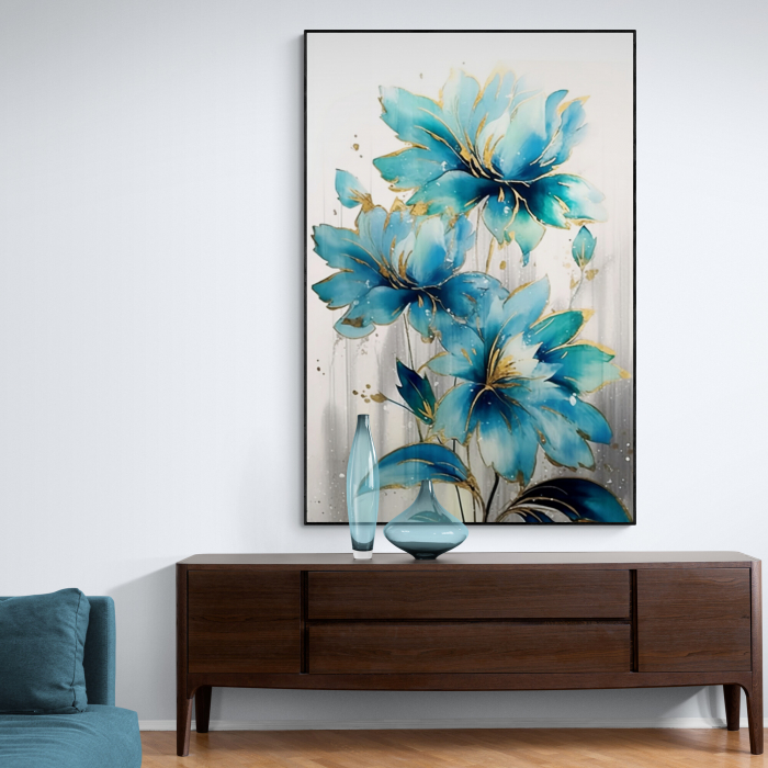 Tablou canvas, modern, cu flori, nuante de turcuaz, pentru hol [2]