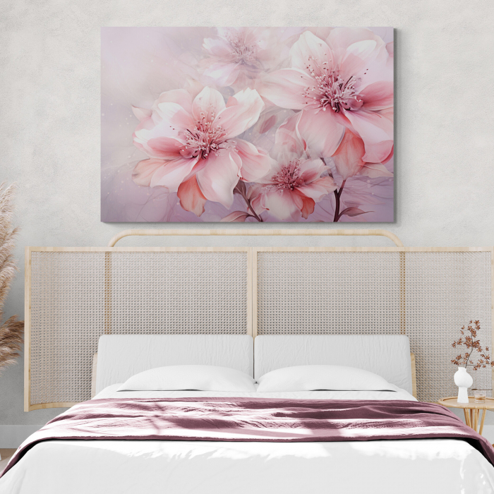 Tablou canvas, modern, cu flori, pe fundal roz, pentru dormitor [1]