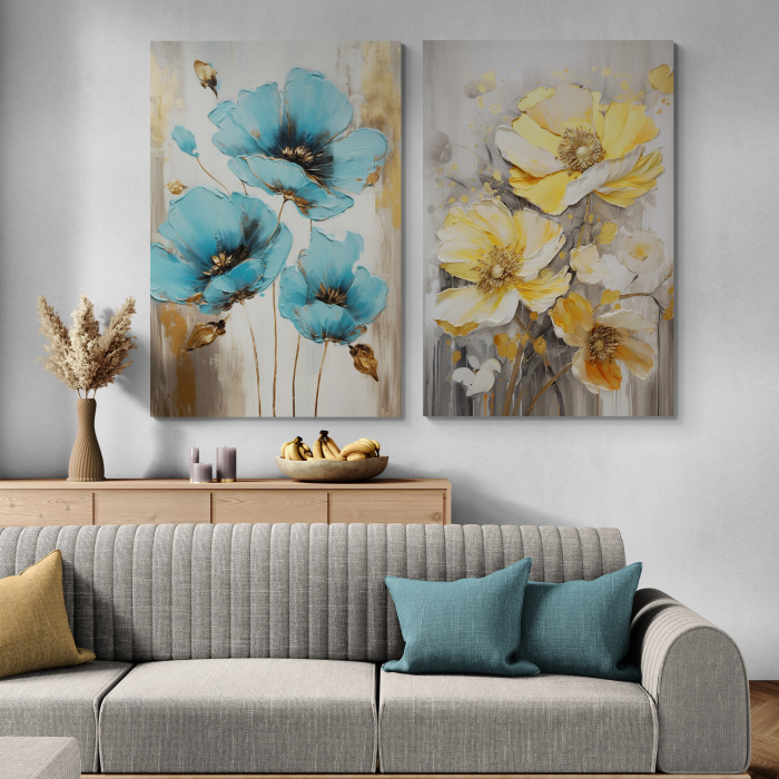 Tablou canvas, modern, cu flori, in stil pictat , nuante de gri, auriu, albastru, pentru living [1]