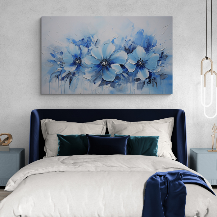 Tablou canvas, modern, cu flori, pictat in stil abstract, nuante de albastru, pentru living [2]