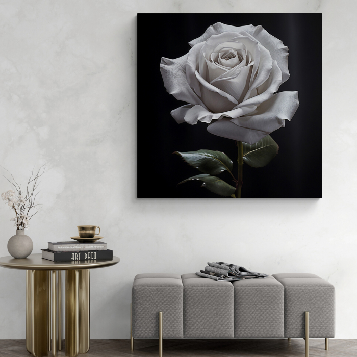 Tablou canvas, modern, cu Flori, Trandafir alb, pe fundal negru, pentru hol [1]
