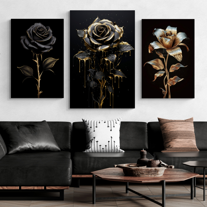 Tablou canvas, modern,  cu flori, Trandafir, nuante de auriu, negru, pentru living [1]