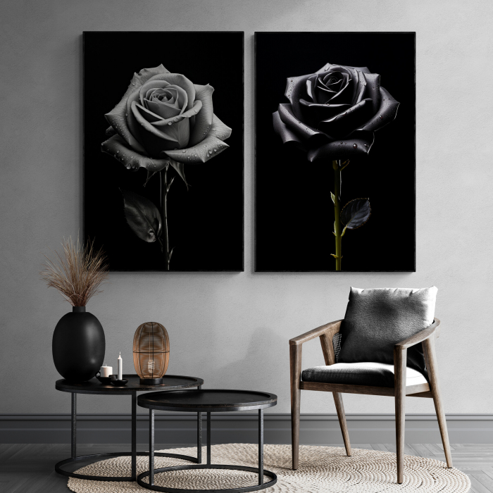 Tablou canvas, modern,  cu flori, Trandafir, nuante de gri, negru, pentru hol [1]