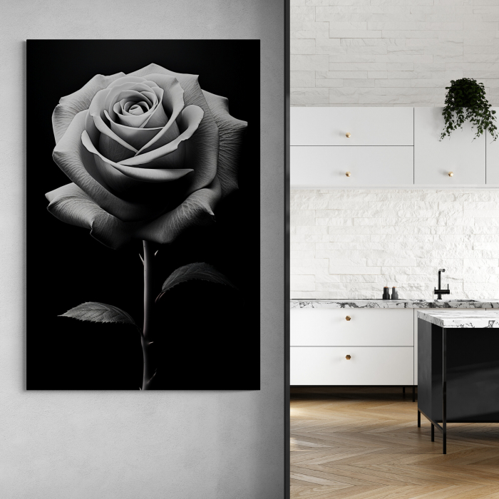 Tablou canvas, modern,  cu flori, Trandafir, nuante de gri, pe fundal negru, pentru bucatarie [1]