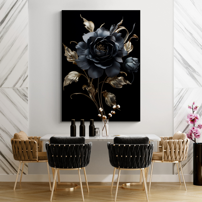 Tablou canvas, modern,  cu flori, Trandafir, nuante de negru, auriu, pentru living [2]