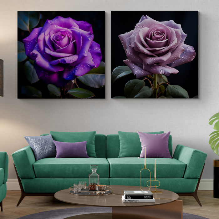 Tablou canvas, modern, cu Flori, Trandafiri mov, pe fundal negru, pentru living [1]