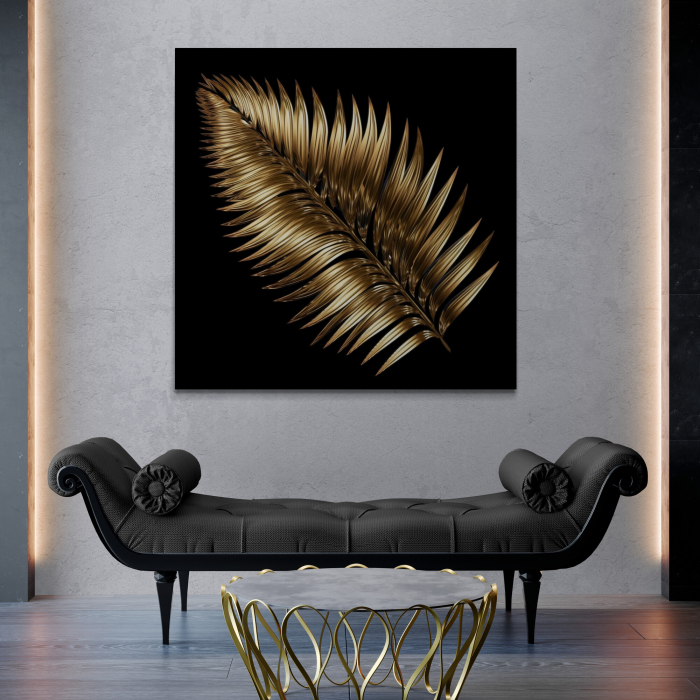 Tablou canvas, modern, cu Frunza in nuante de auriu pe fundal negru, pentru hol [1]