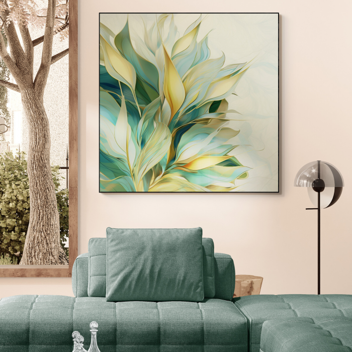 Tablou canvas, modern, cu Frunze in nuante de turcuaz, auriu, pentru living [1]