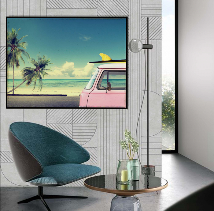 Tablou canvas modern cu mașini retro și palmieri pentru hol sau baie [1]