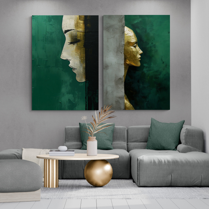 Tablou canvas, modern, deosebit, siluete, in stil abstract, nuante de verde smarald, auriu, pentru hotel [1]
