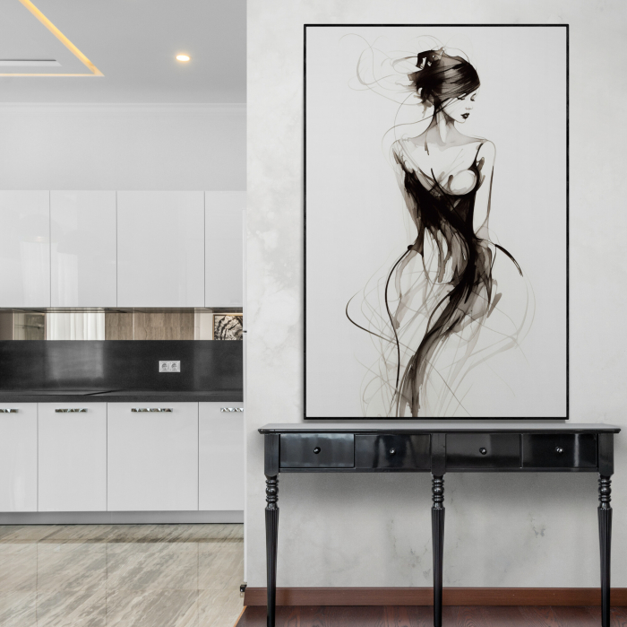 Tablou canvas, modern, femeie eleganta, fashion in stil abstract, nuante de alb negru, pentru hol [1]