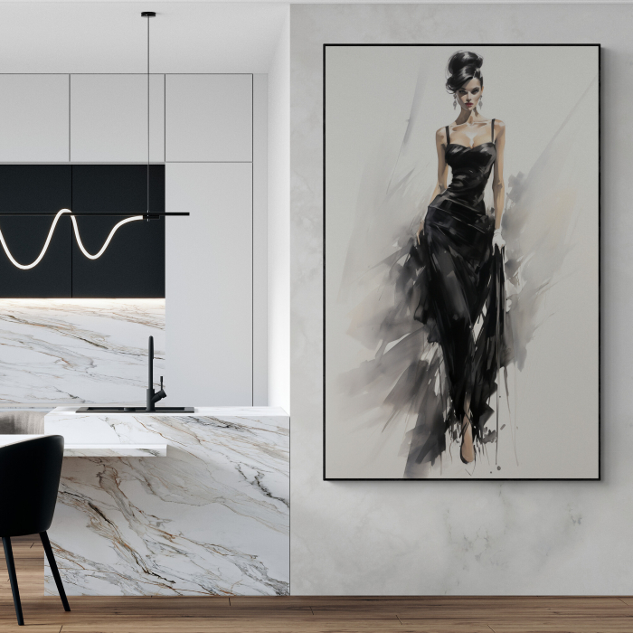 Tablou canvas, modern, femeie eleganta, fashionin, stil abstract, nuante alb negru, pentru living [1]